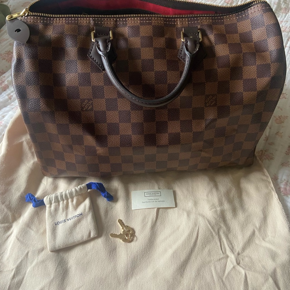 Louis Vuitton Brown Checkered Handbag with Gold Lock